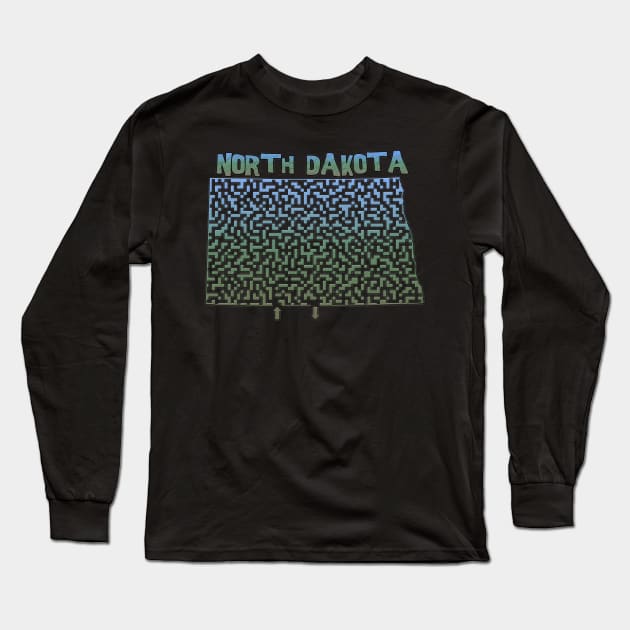 North Dakota State Outline Maze & Labyrinth Long Sleeve T-Shirt by gorff